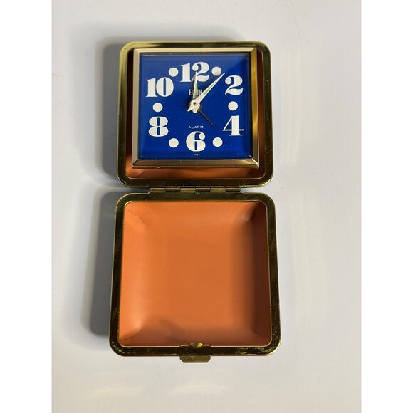 VTG 1970s Elgin Blue Square Travel Alarm Clock Folding Case Gold 3" NOT WORKING - Picture 5 of 8